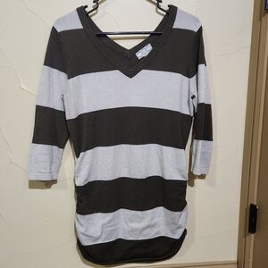 Pink Rose Black and White Striped V-Neck Top